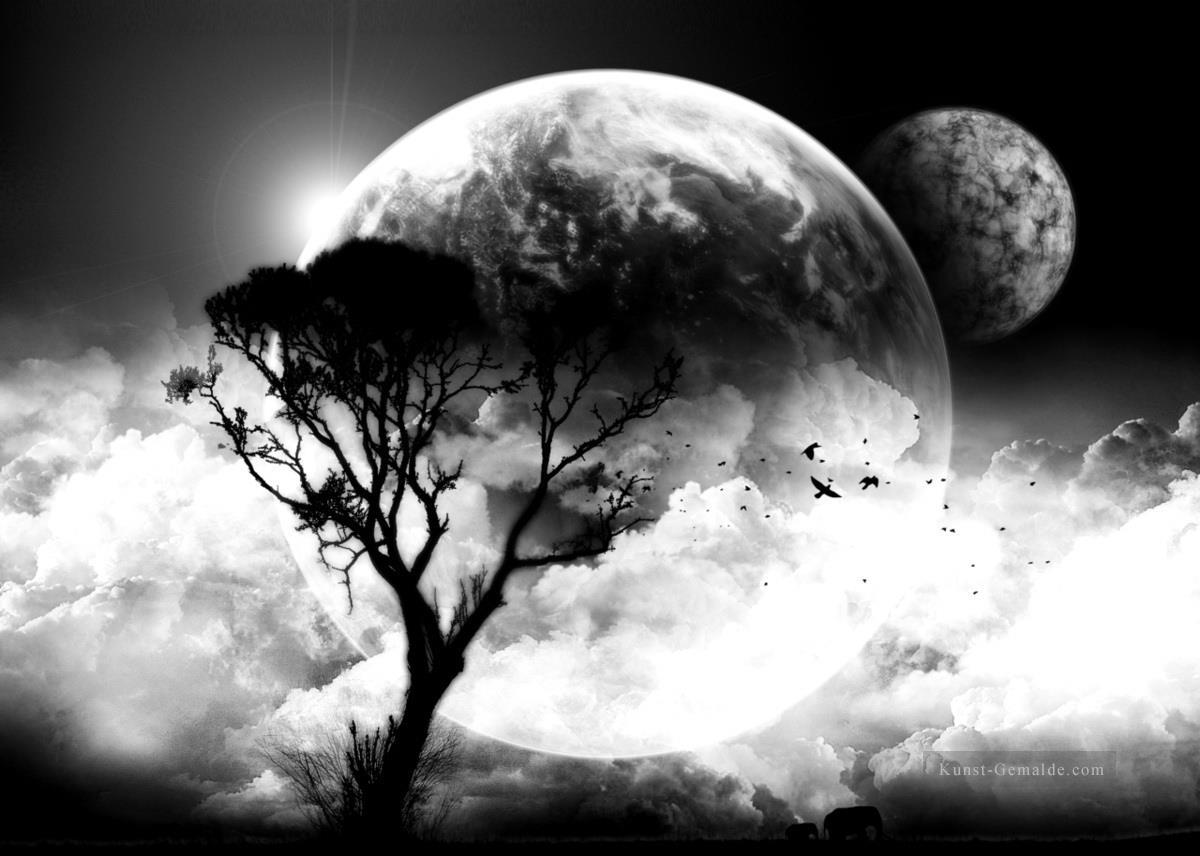 Schwarz weiss Wolken Mond Baum Ölgemälde